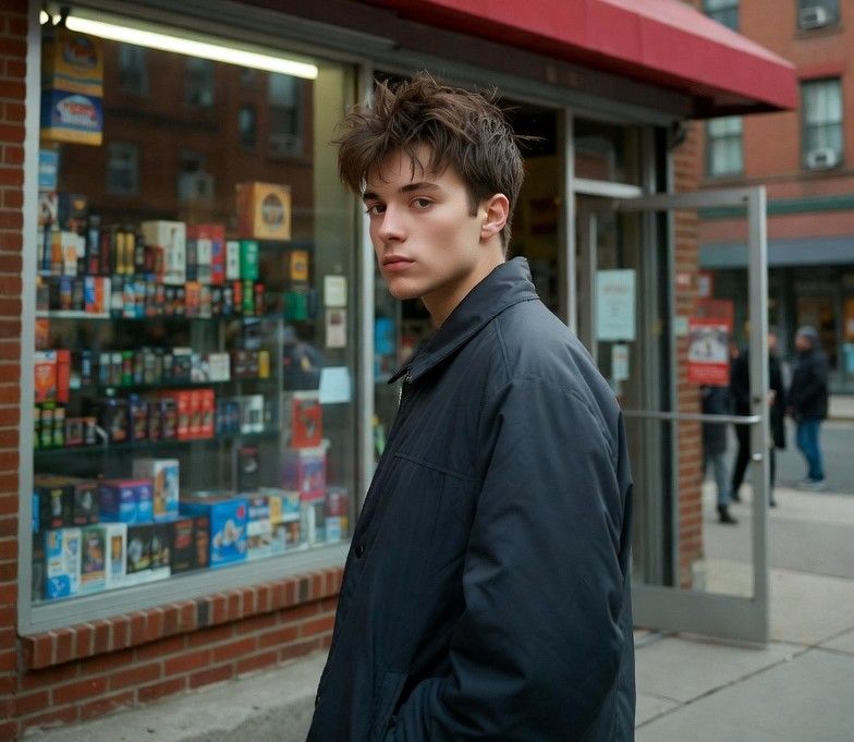 teen contemplating in front of a smoke shop